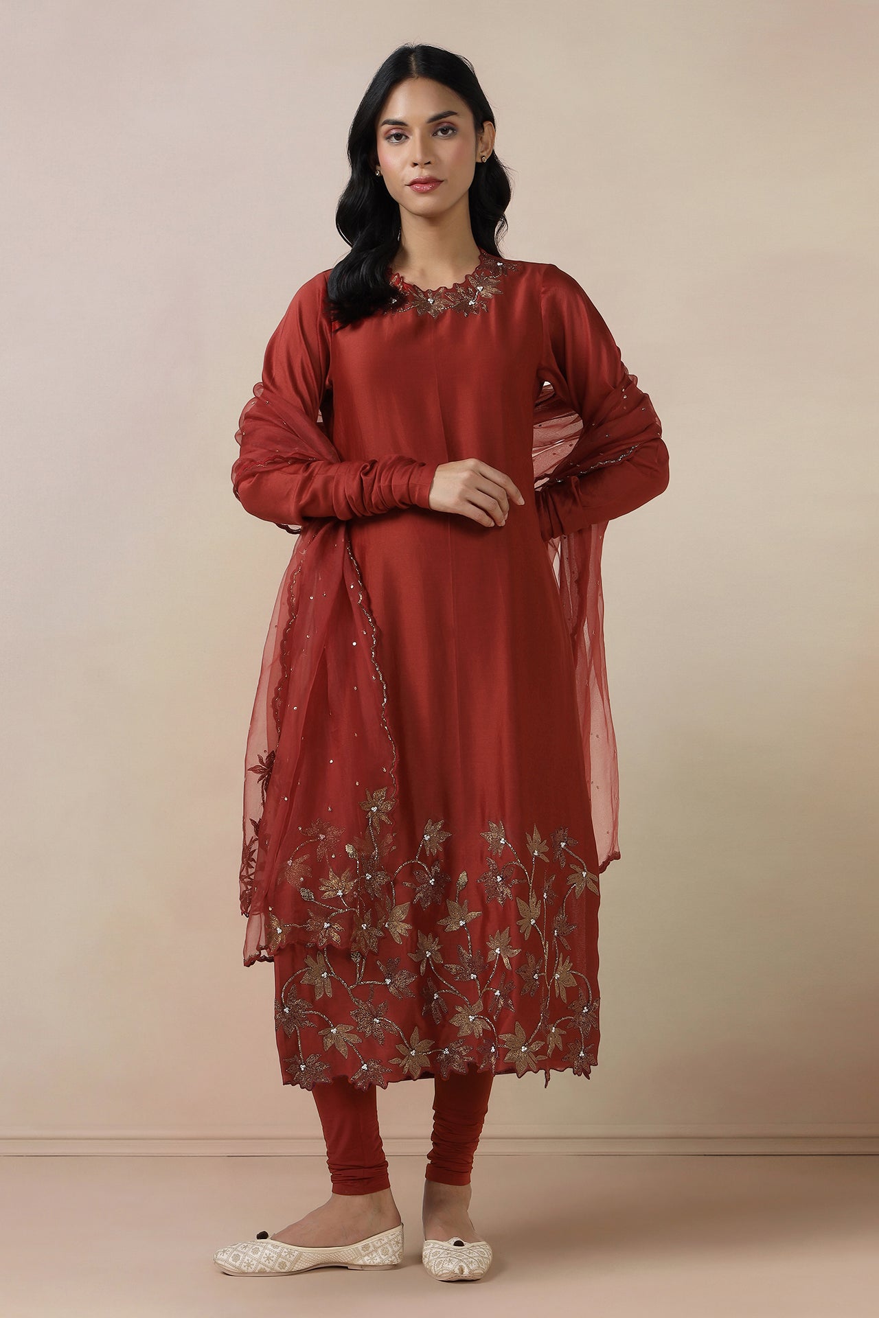 Embroidered Long Kurta With Churi Daar And Dupatta