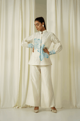 Ivory Centre Embroidered Pannel Co-ord Set - Teal Blue