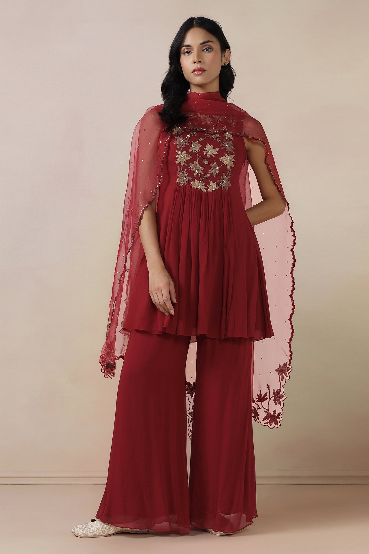 Embroidered Top With Bell Bottom Pants