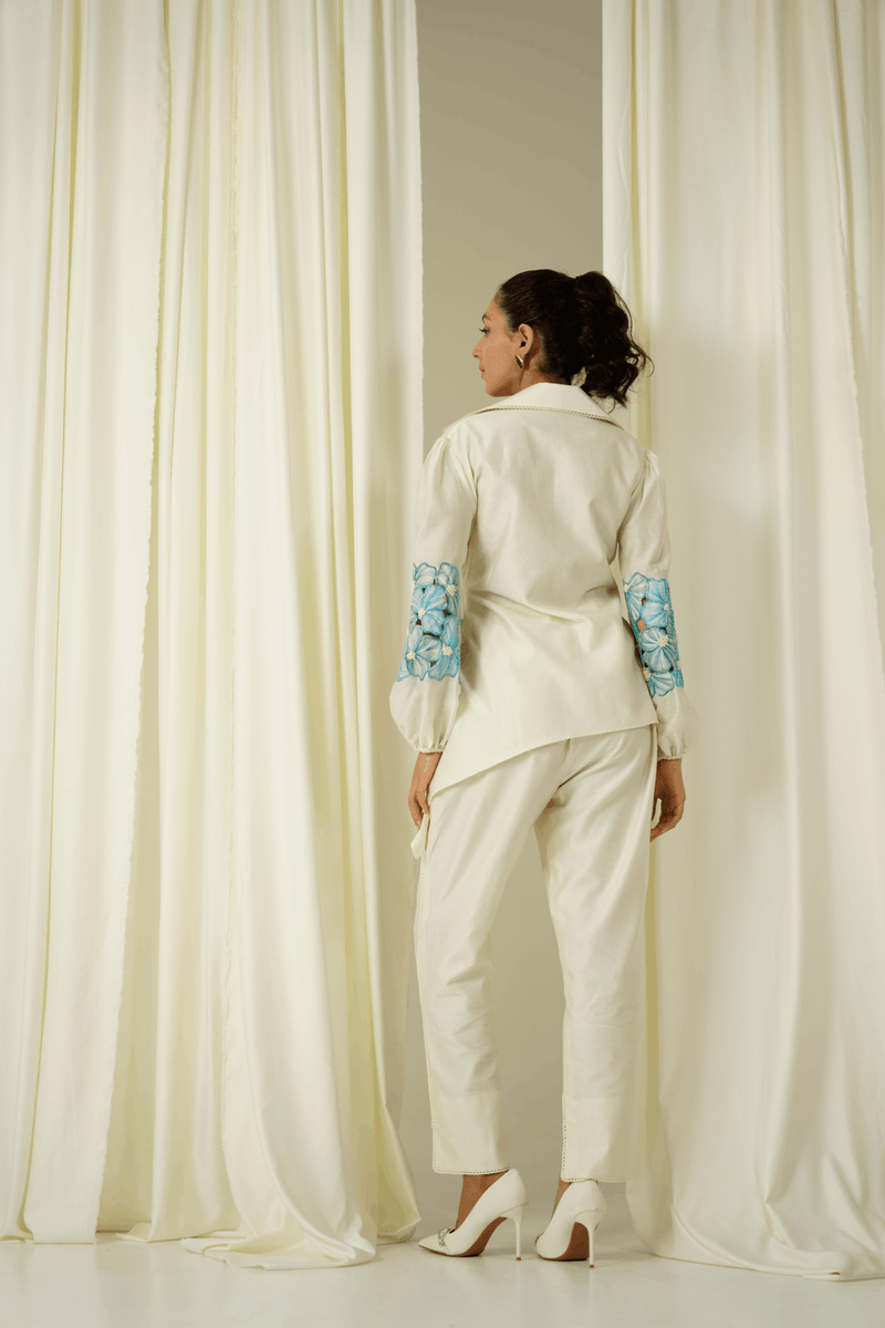 Ivory Co-ord Set With Tie-up - Green Sheen