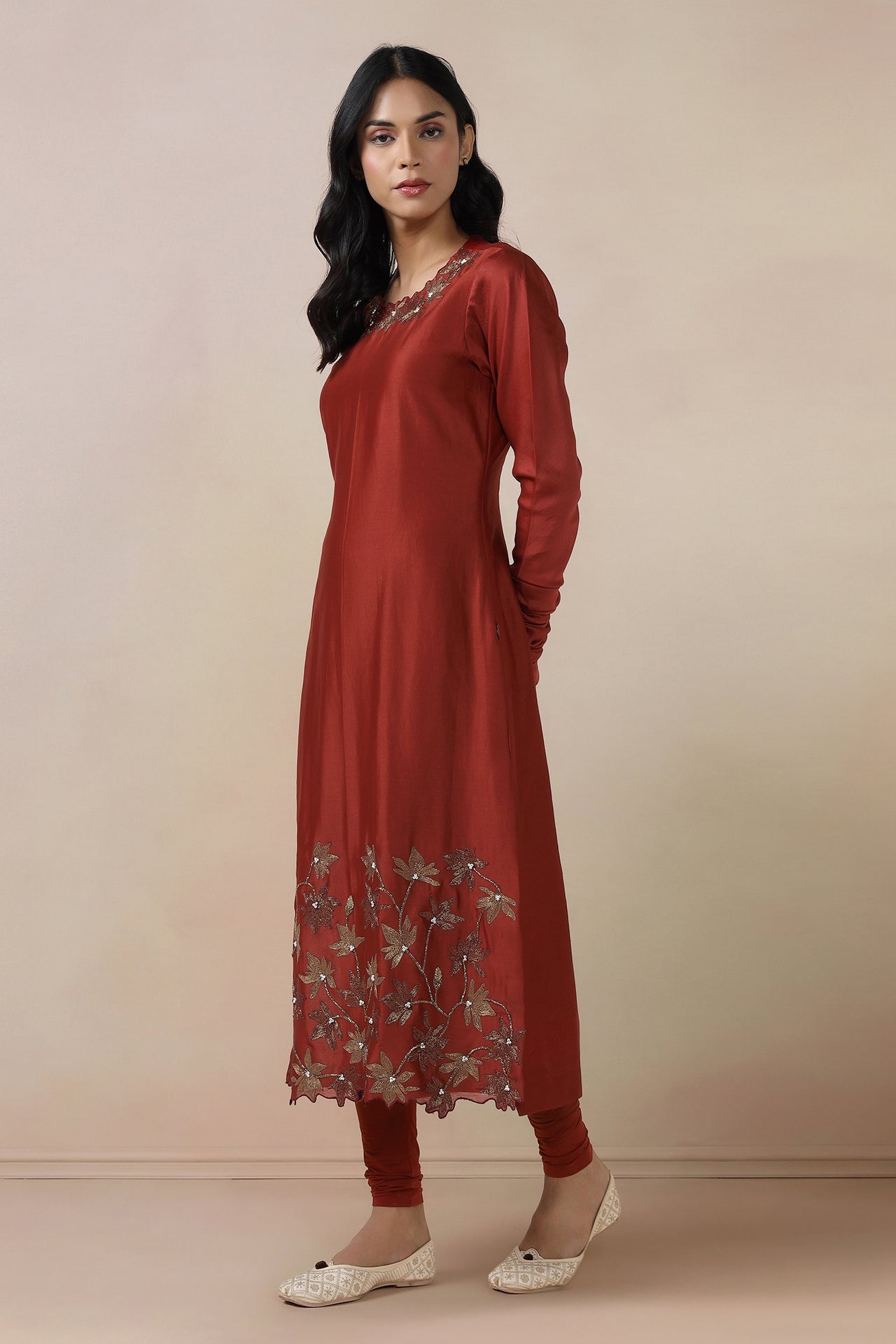 Embroidered Long Kurta With Churi Daar And Dupatta