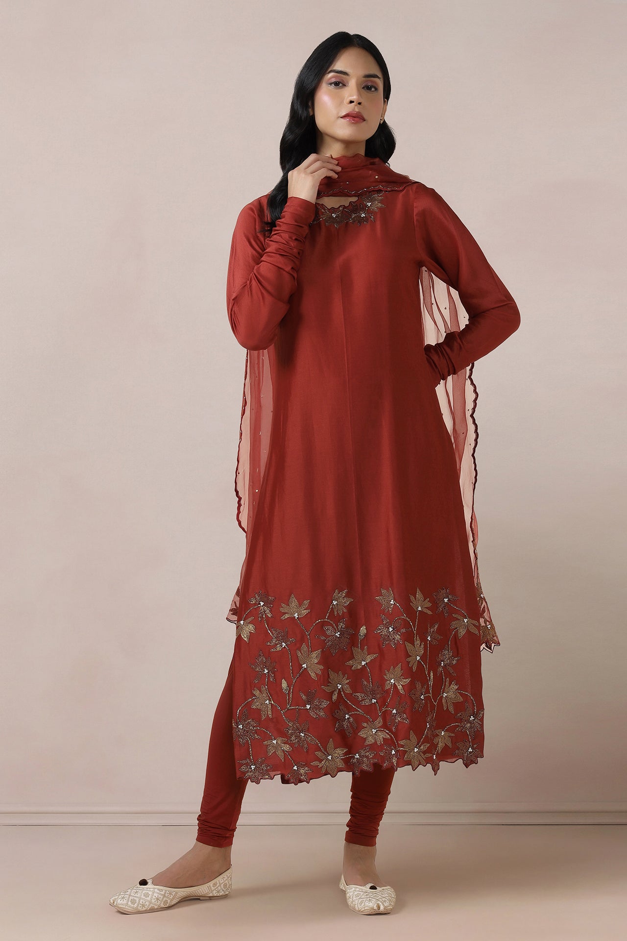 Embroidered Long Kurta With Churi Daar And Dupatta