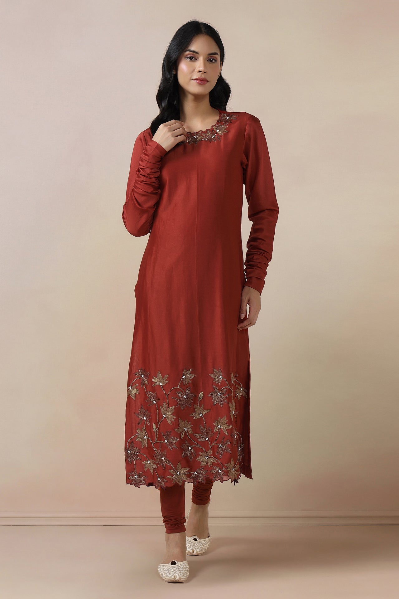 Embroidered Long Kurta With Churi Daar And Dupatta