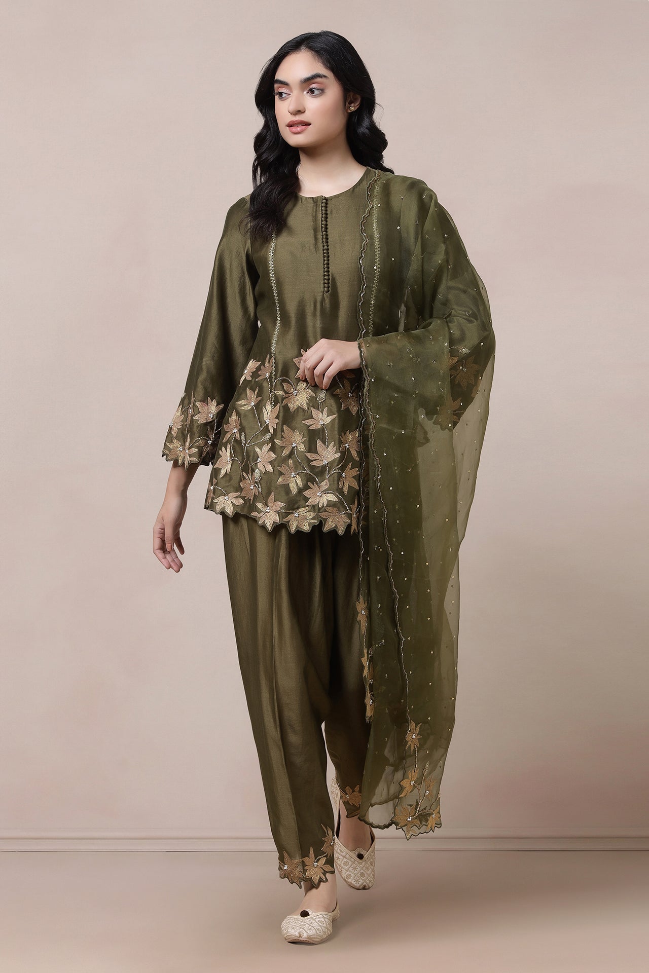 Embroidered Short Kurta With Salwaar And Dupatta