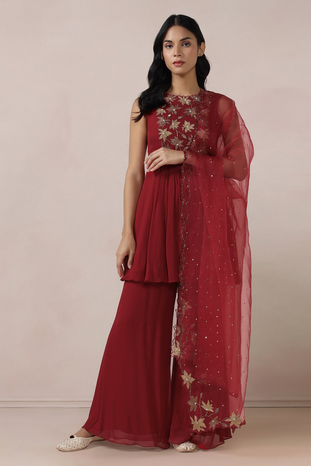 Embroidered Top With Bell Bottom Pants