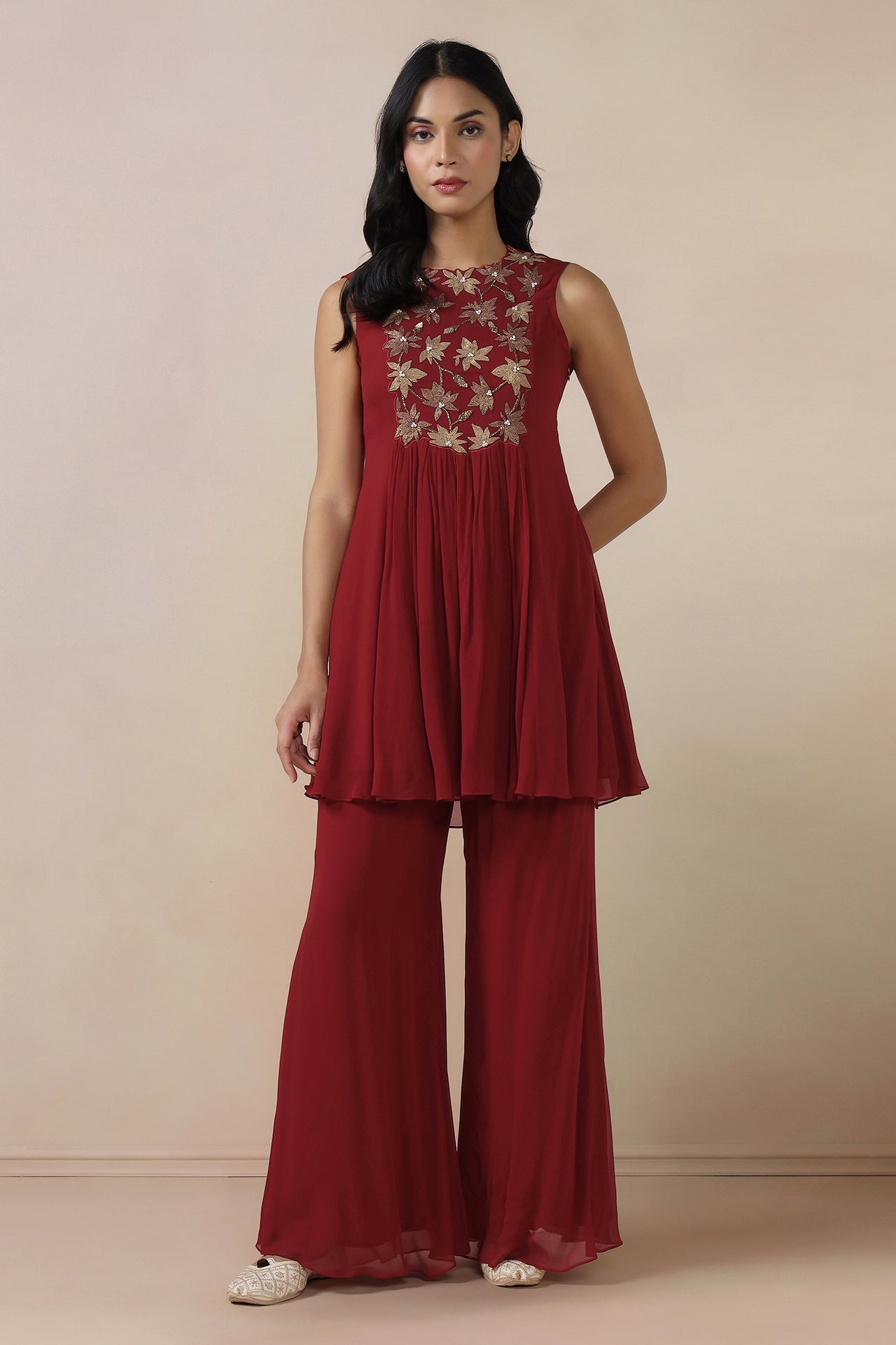 Embroidered Top With Bell Bottom Pants