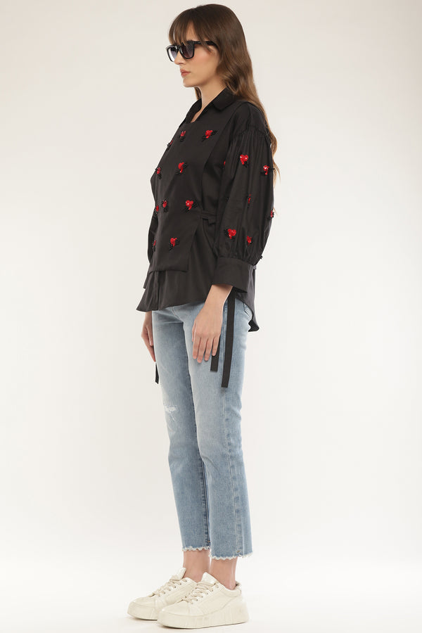 Sleeve embroidered shirt with overlay